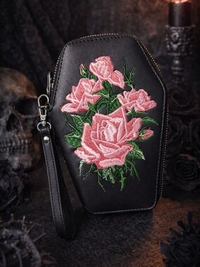 Black Coffin Wristlet Goth Floral Rose Embroidery Zip Around Punk Aesthetic